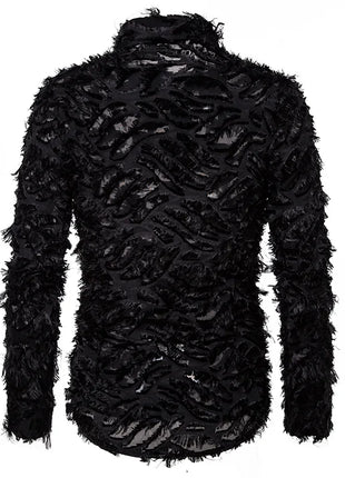 Sexy Black Shirt Men  Fashion Feather Long Sleeve Mens Dress Shirts Nightclub Party Prom Social Shirt Male Camisa Hombre