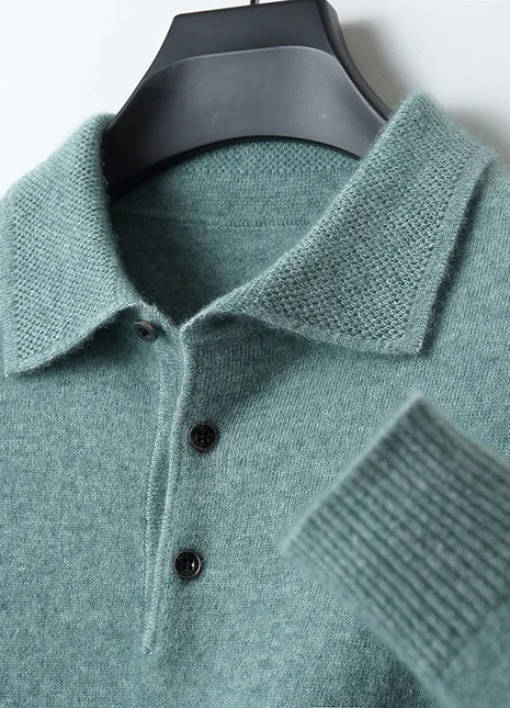 LHZSYY 100%Merino Wool Hot Cardigans Men Lapel Pullover Long Sleeve POLO Neck Sweaters Loose Tops Knit Clothing Large Size Shirt