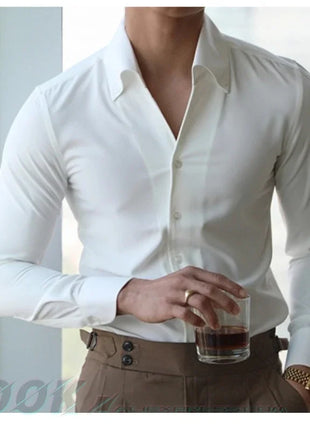 Men's Italian Collar Shirt, Wrinkle-free, Casual, Fashionable, Slim-fit with A Lapel Design, Branded Clothing, Youth, New