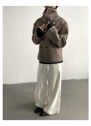 Autumn Winter Cool Short Warm Herringbone Woolen Jacket MenStand Collar Double Breasted Luxury Designer Clothes 2025