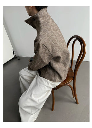 Autumn Winter Cool Short Warm Herringbone Woolen Jacket MenStand Collar Double Breasted Luxury Designer Clothes 2025