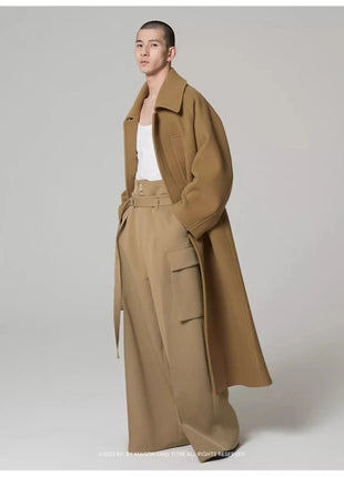 Autumn Winter Oversized Long Khaki Warm Soft Woolen Coat Men Single Breasted Wool & Blends Overcoat European Fashion