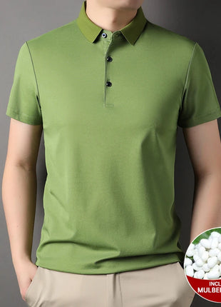 Top Grade 4.7% Mulberry Silk New Summer Brand Luxury Brand Polo Men Shirt Short Sleeve Plain Casual Tops Fashions Men Clothes
