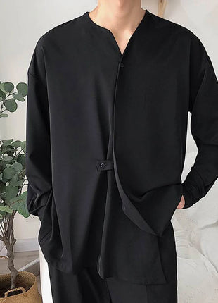 Black Net Shirt for Men Short Bulk Shirts Men Male Casual Loose Lrregular Shirt Collarless Long Sleeve Shirt Korean Shirt