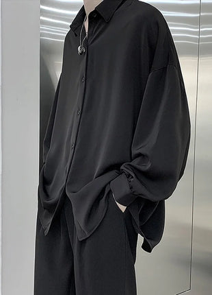 Free Black Tie Long-sleeved Shirts Men Korean Comfortable Blouses Casual Loose Single Breasted Shirt Mens Tshirt Harajuku