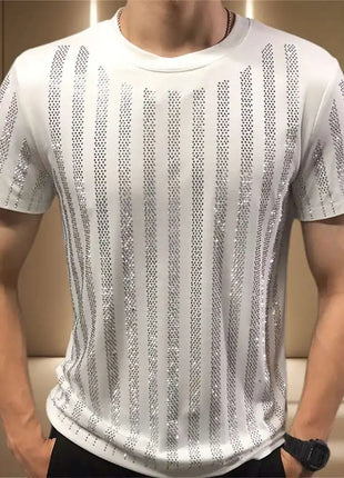 High Quality Designer Clothing Silver Hot Diamond T-shirt Short Sleeve T-shirt Black Rhinestone Stripe Round Neck Tshirt For Men