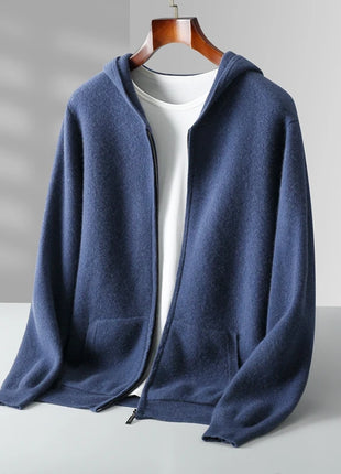 Autumn And Winter New 100% Pure Wool Men's Knitted Cardigan Hooded Cashmere Sweater Zipper Sweater Coat
