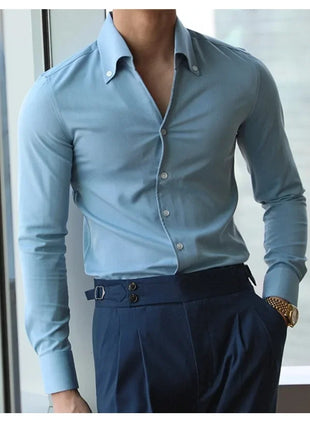 Men's Italian Collar Shirt, Wrinkle-free, Casual, Fashionable, Slim-fit with A Lapel Design, Branded Clothing, Youth, New