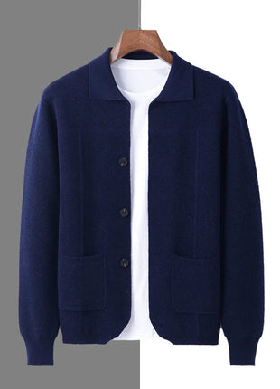 100% Merino Wool Men's Lapel Collar Knit Cardigan Autumn Winter Thicken Solid Color POLO Neck Suit Shirt Cashmere Jacket Sweater