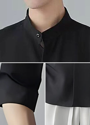 Summer White Men's Half-sleeved Shirt, Black Stand-up Collar Slightly Stretchy Shirts, Fashionable Casual Top.