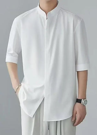 Summer White Men's Half-sleeved Shirt, Black Stand-up Collar Slightly Stretchy Shirts, Fashionable Casual Top.