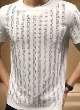 High Quality Designer Clothing Silver Hot Diamond T-shirt Short Sleeve T-shirt Black Rhinestone Stripe Round Neck Tshirt For Men