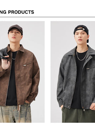 Fashion Men's American Workwear High-end PU Leather Jacket 2025 Spring and Autumn New Maillard Suede Men's Jacket