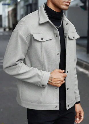 European Business Casual Men's Collared Jacket 2025 New Style Pure Color Woolen Coat for Autumn Winter