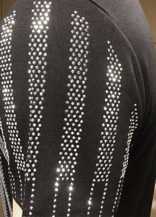 High Quality Designer Clothing Silver Hot Diamond T-shirt Short Sleeve T-shirt Black Rhinestone Stripe Round Neck Tshirt For Men
