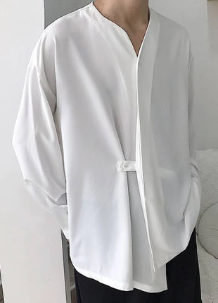 Black Net Shirt for Men Short Bulk Shirts Men Male Casual Loose Lrregular Shirt Collarless Long Sleeve Shirt Korean Shirt