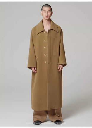 Autumn Winter Oversized Long Khaki Warm Soft Woolen Coat Men Single Breasted Wool & Blends Overcoat European Fashion