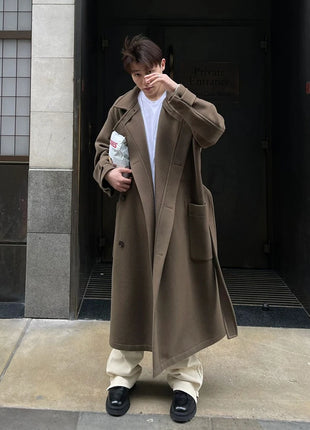 Autumn Winter Oversized Long Warm Brown Wool Blends Coat Men Luxury Designer Unisex Clothes Woolen Overcoat 2024