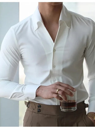 Men's Italian Collar Shirt, Wrinkle-free, Casual, Fashionable, Slim-fit with A Lapel Design, Branded Clothing, Youth, New
