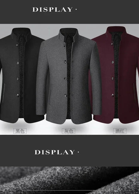 2025 Winter Coat Mens Chinese Stand Collar Solid Coats for Man Autumn and Winter Business Casual Woolen Jacket