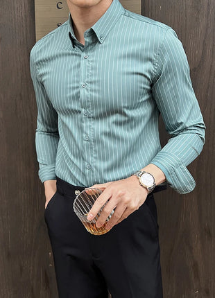 Striped Shirts for Men High-quality 2025 Autumn New Solid Business Casual Long Sleeved Elastic Slim Fit Dress Shirt Men Clothing