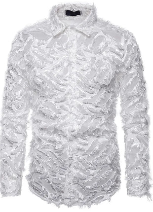 Sexy Black Shirt Men  Fashion Feather Long Sleeve Mens Dress Shirts Nightclub Party Prom Social Shirt Male Camisa Hombre