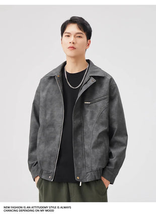 Fashion Men's American Workwear High-end PU Leather Jacket 2025 Spring and Autumn New Maillard Suede Men's Jacket