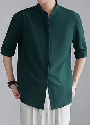 Summer White Men's Half-sleeved Shirt, Black Stand-up Collar Slightly Stretchy Shirts, Fashionable Casual Top.