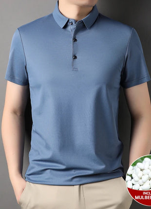 Top Grade 4.7% Mulberry Silk New Summer Brand Luxury Brand Polo Men Shirt Short Sleeve Plain Casual Tops Fashions Men Clothes
