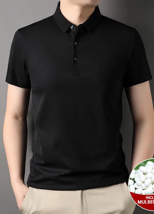 Top Grade 4.7% Mulberry Silk New Summer Brand Luxury Brand Polo Men Shirt Short Sleeve Plain Casual Tops Fashions Men Clothes
