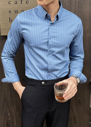 Striped Shirts for Men High-quality 2025 Autumn New Solid Business Casual Long Sleeved Elastic Slim Fit Dress Shirt Men Clothing