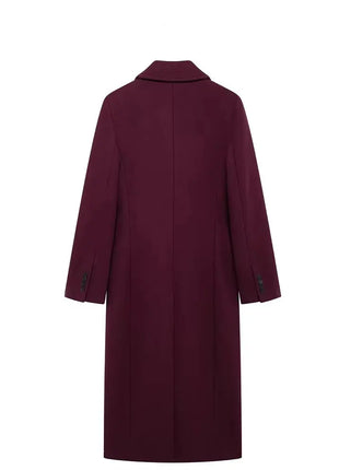 HH Women Fashion Burgundy Woolen Coat Double Breasted Long Sleeve Lapel Blends Jacket Autumn Winter High Street Outerwear