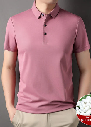 Top Grade 4.7% Mulberry Silk New Summer Brand Luxury Brand Polo Men Shirt Short Sleeve Plain Casual Tops Fashions Men Clothes