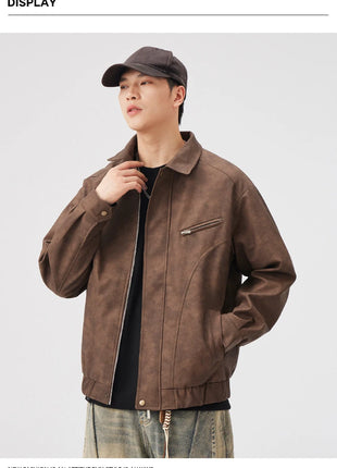 Fashion Men's American Workwear High-end PU Leather Jacket 2025 Spring and Autumn New Maillard Suede Men's Jacket