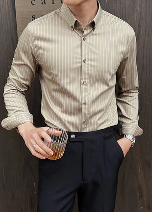 Striped Shirts for Men High-quality 2025 Autumn New Solid Business Casual Long Sleeved Elastic Slim Fit Dress Shirt Men Clothing