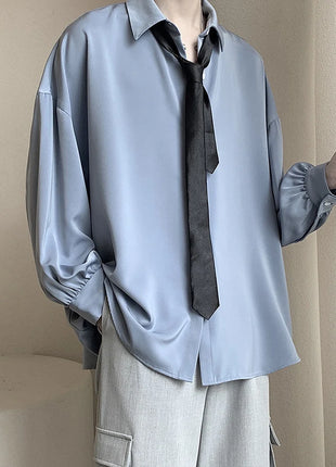 Free Black Tie Long-sleeved Shirts Men Korean Comfortable Blouses Casual Loose Single Breasted Shirt Mens Tshirt Harajuku