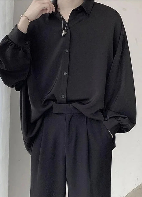 Free Black Tie Long-sleeved Shirts Men Korean Comfortable Blouses Casual Loose Single Breasted Shirt Mens Tshirt Harajuku