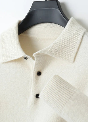 LHZSYY 100%Merino Wool Hot Cardigans Men Lapel Pullover Long Sleeve POLO Neck Sweaters Loose Tops Knit Clothing Large Size Shirt