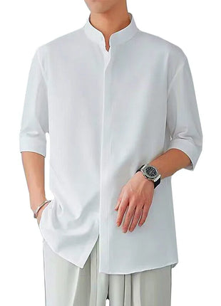 Summer White Men's Half-sleeved Shirt, Black Stand-up Collar Slightly Stretchy Shirts, Fashionable Casual Top.
