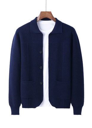 100% Merino Wool Men's Lapel Collar Knit Cardigan Autumn Winter Thicken Solid Color POLO Neck Suit Shirt Cashmere Jacket Sweater