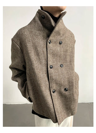 Autumn Winter Cool Short Warm Herringbone Woolen Jacket MenStand Collar Double Breasted Luxury Designer Clothes 2025